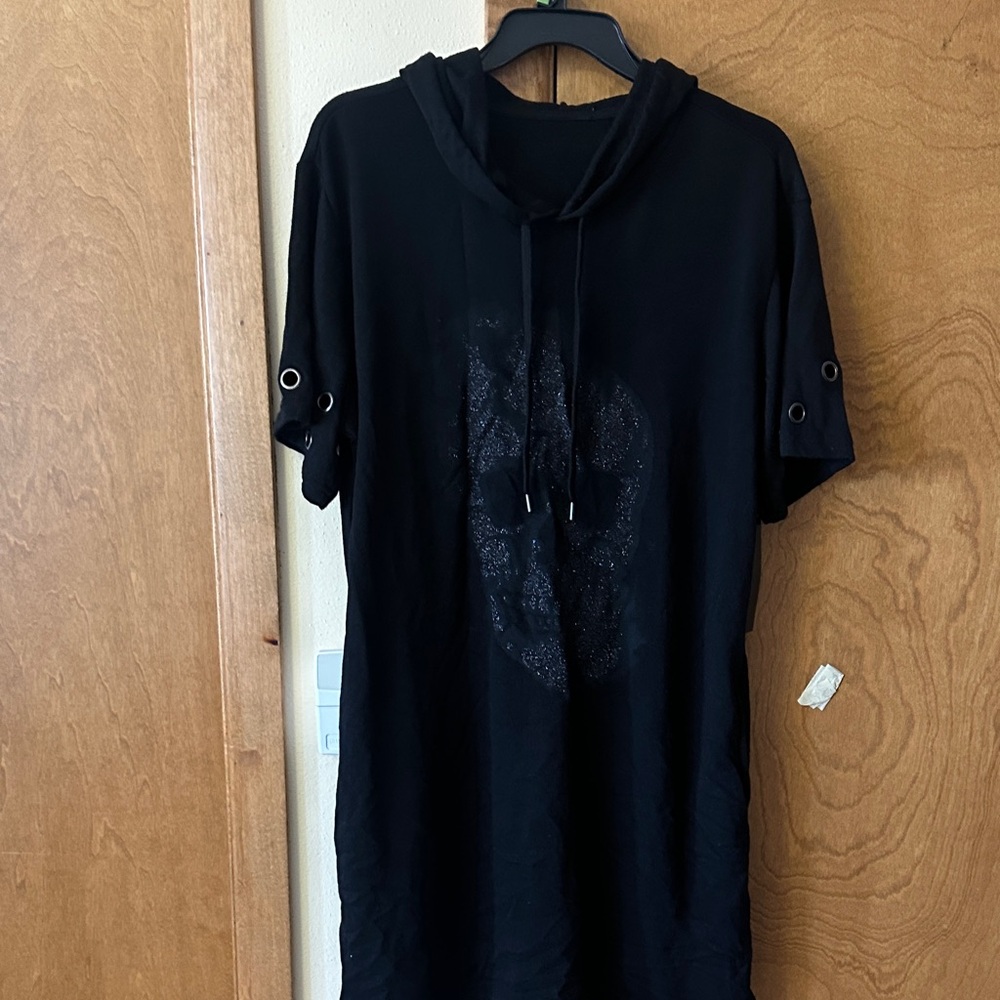 Black Hooded T-Shirt Dress with Skull Design